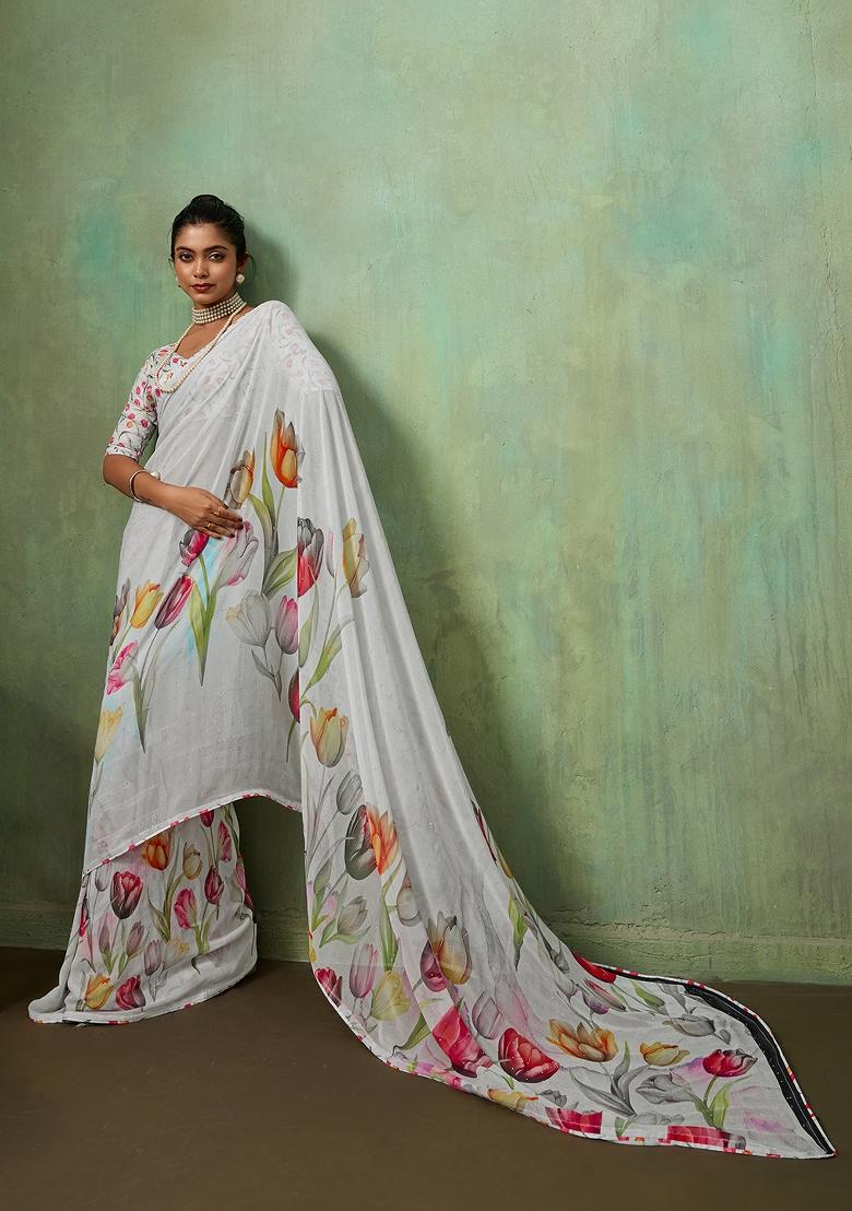 White Printed Georgette Saree Set - Indya