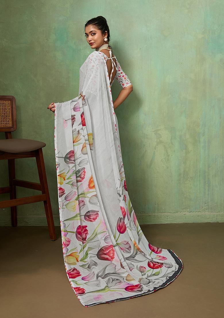 White Printed Georgette Saree Set - Indya