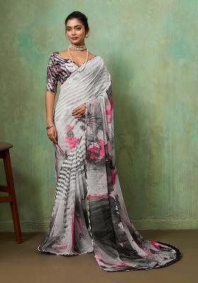 Grey Printed Georgette Saree Set