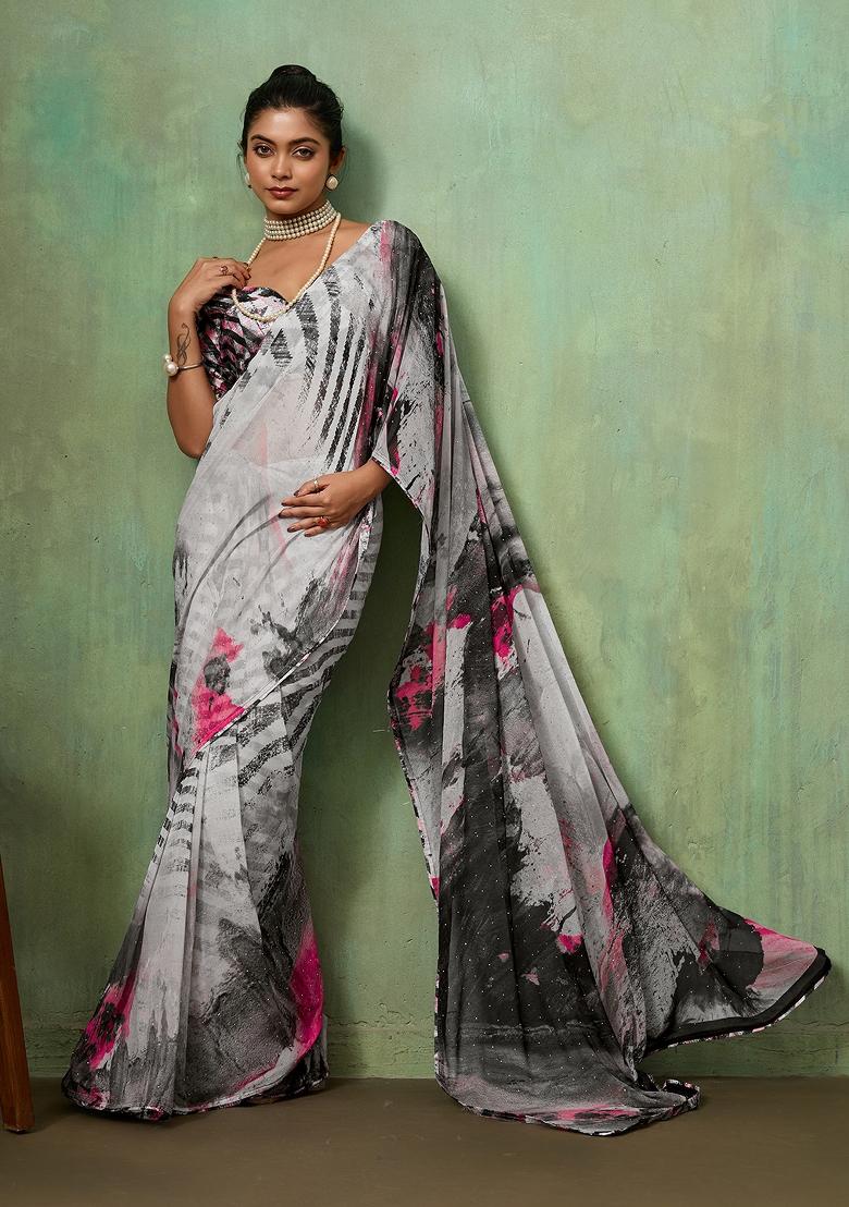 Grey Printed Georgette Saree Set - Indya