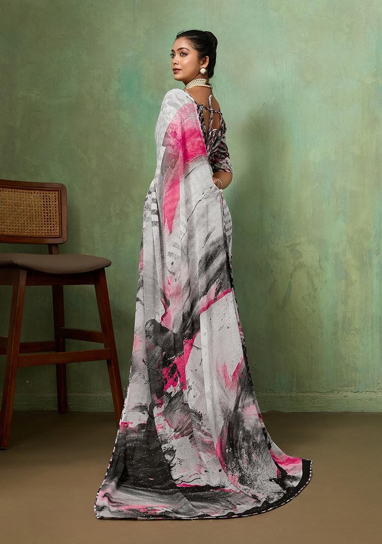 Grey Printed Georgette Saree Set - Indya