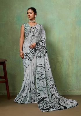 Grey Printed Georgette Saree Set