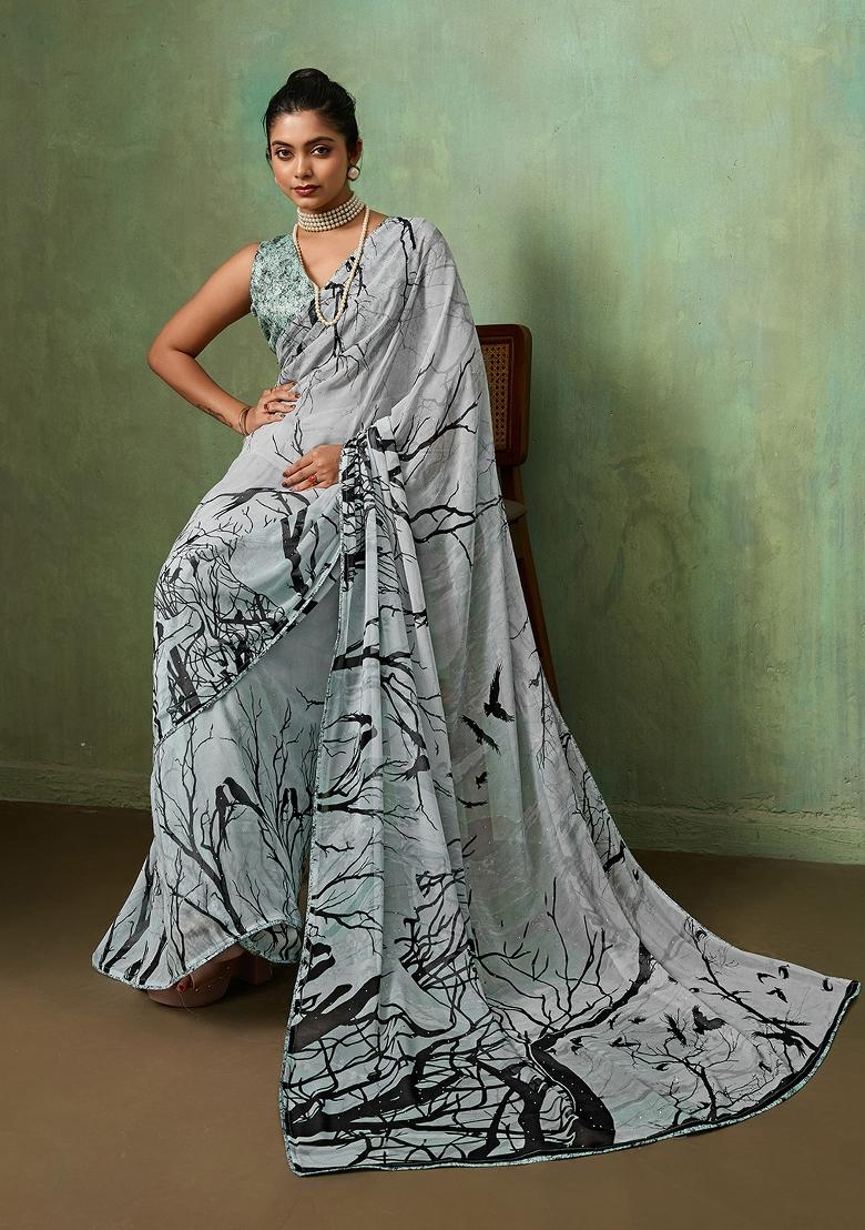 Grey Printed Georgette Saree Set - Indya