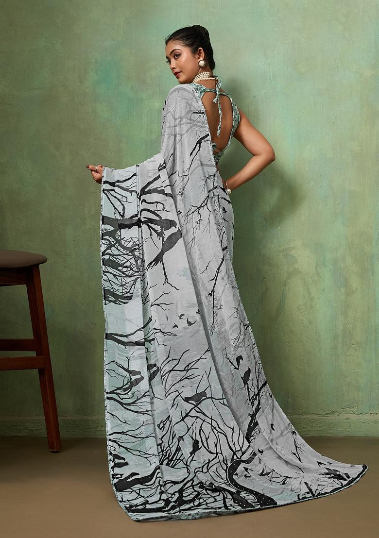 Grey Printed Georgette Saree Set - Indya