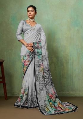 Grey Printed Georgette Saree Set