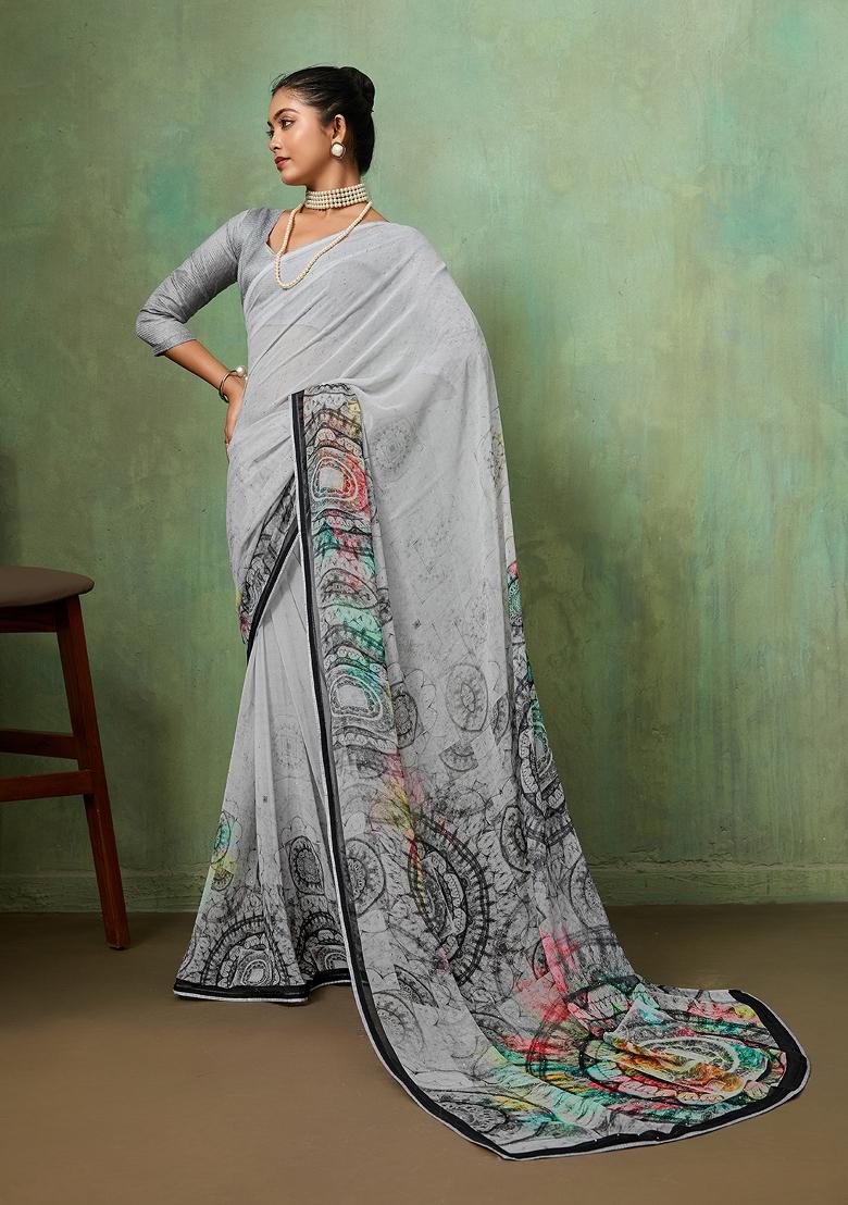 Grey Printed Georgette Saree Set - Indya