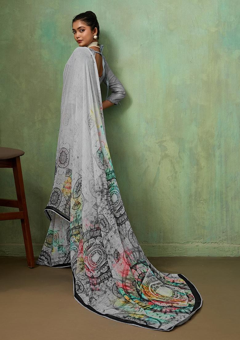 Grey Printed Georgette Saree Set - Indya