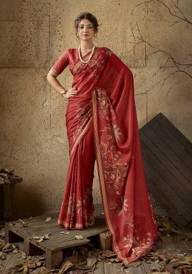 Red Printed Georgette Saree Set
