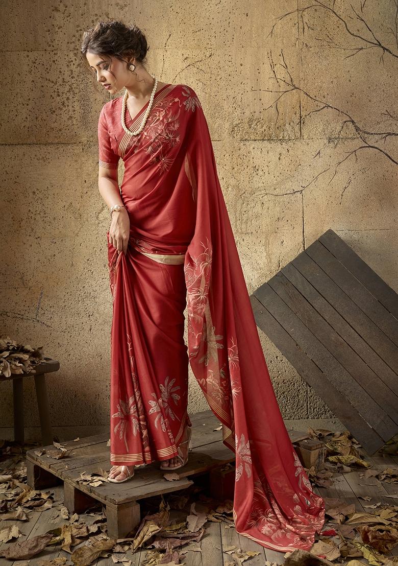 Red Printed Georgette Saree Set - Indya