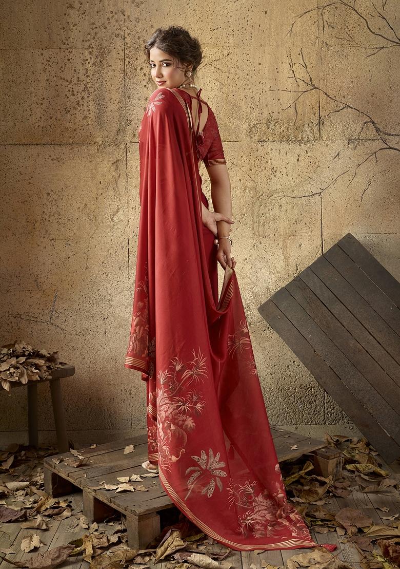 Red Printed Georgette Saree Set - Indya
