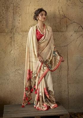 Beige Printed Georgette Saree Set