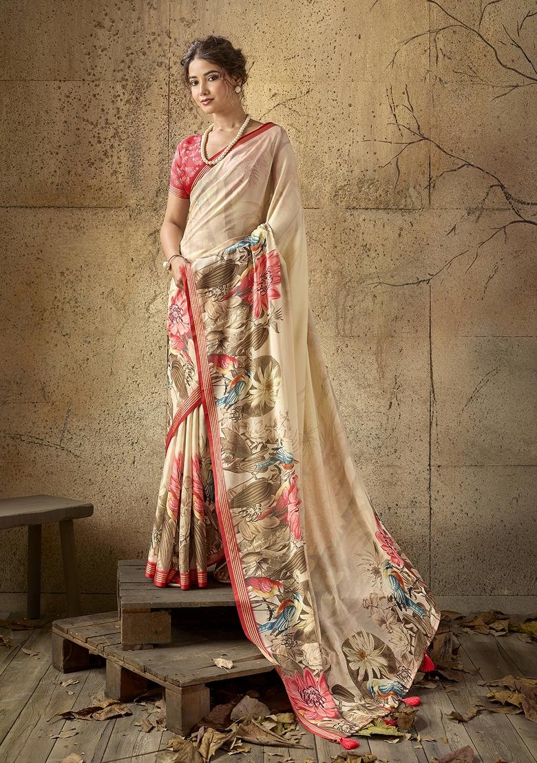 Beige Printed Georgette Saree Set - Indya