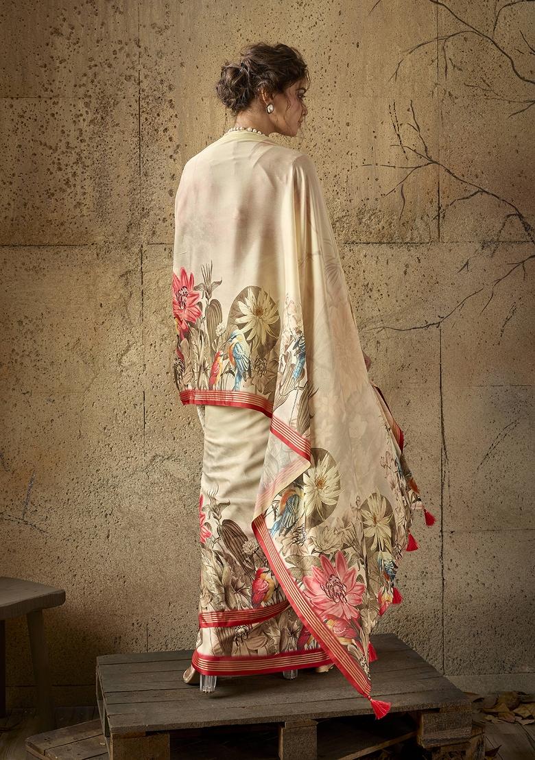 Beige Printed Georgette Saree Set - Indya