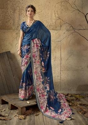 Blue Printed Georgette Saree Set