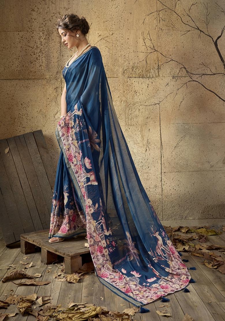 Blue Printed Georgette Saree Set - Indya