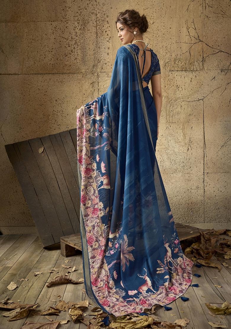 Blue Printed Georgette Saree Set - Indya