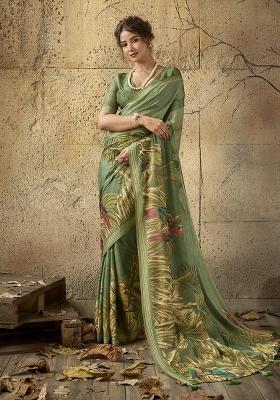 Green Printed Georgette Saree Set
