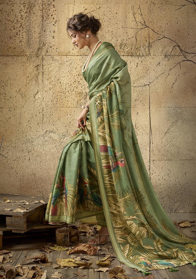 Green Printed Georgette Saree Set - Indya