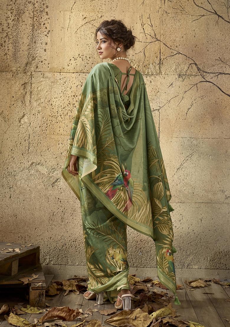 Green Printed Georgette Saree Set - Indya