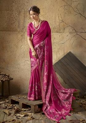 Pink Printed Georgette Saree Set