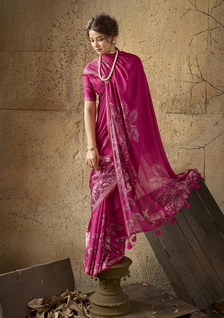 Pink Printed Georgette Saree Set - Indya