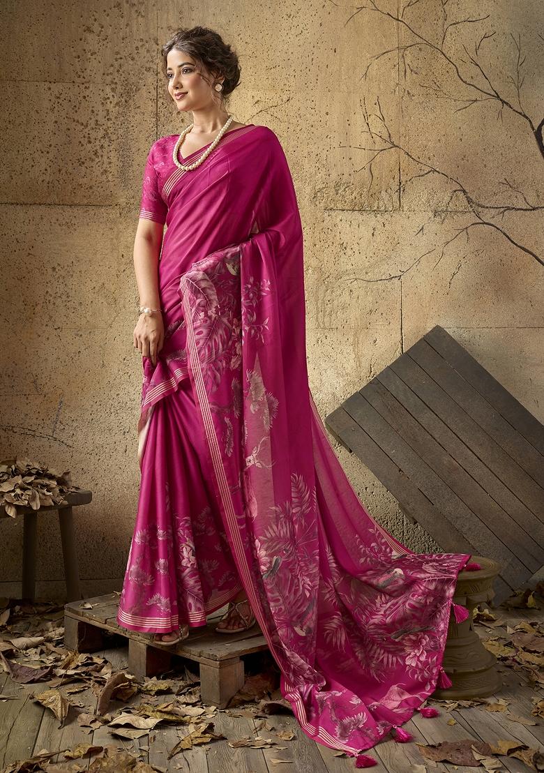 Pink Printed Georgette Saree Set - Indya