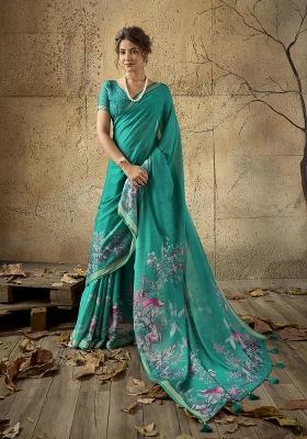 Green Printed Georgette Saree Set