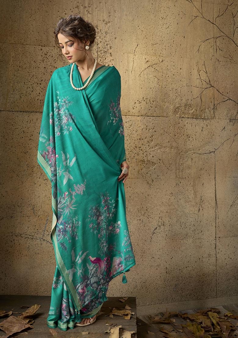 Green Printed Georgette Saree Set - Indya