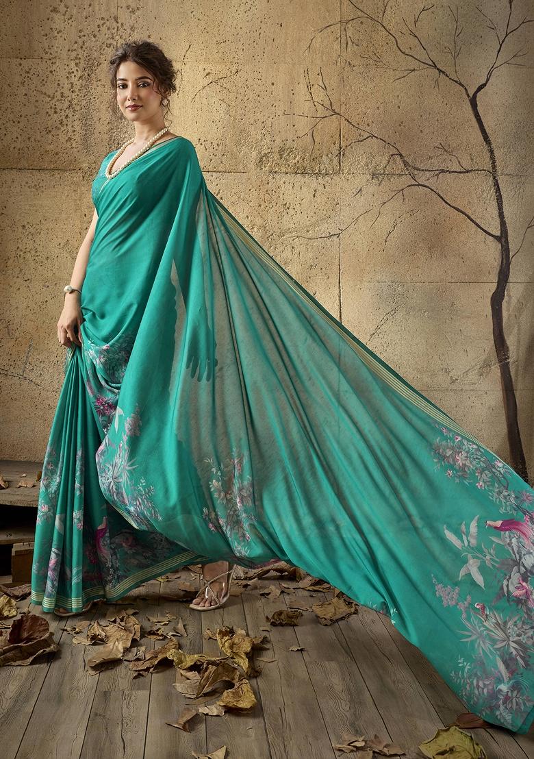 Green Printed Georgette Saree Set - Indya