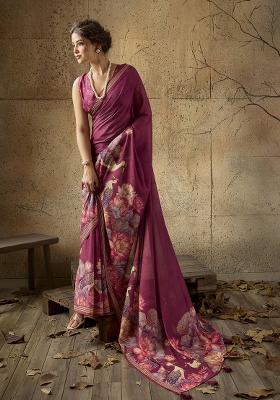 Wine Printed Georgette Saree Set