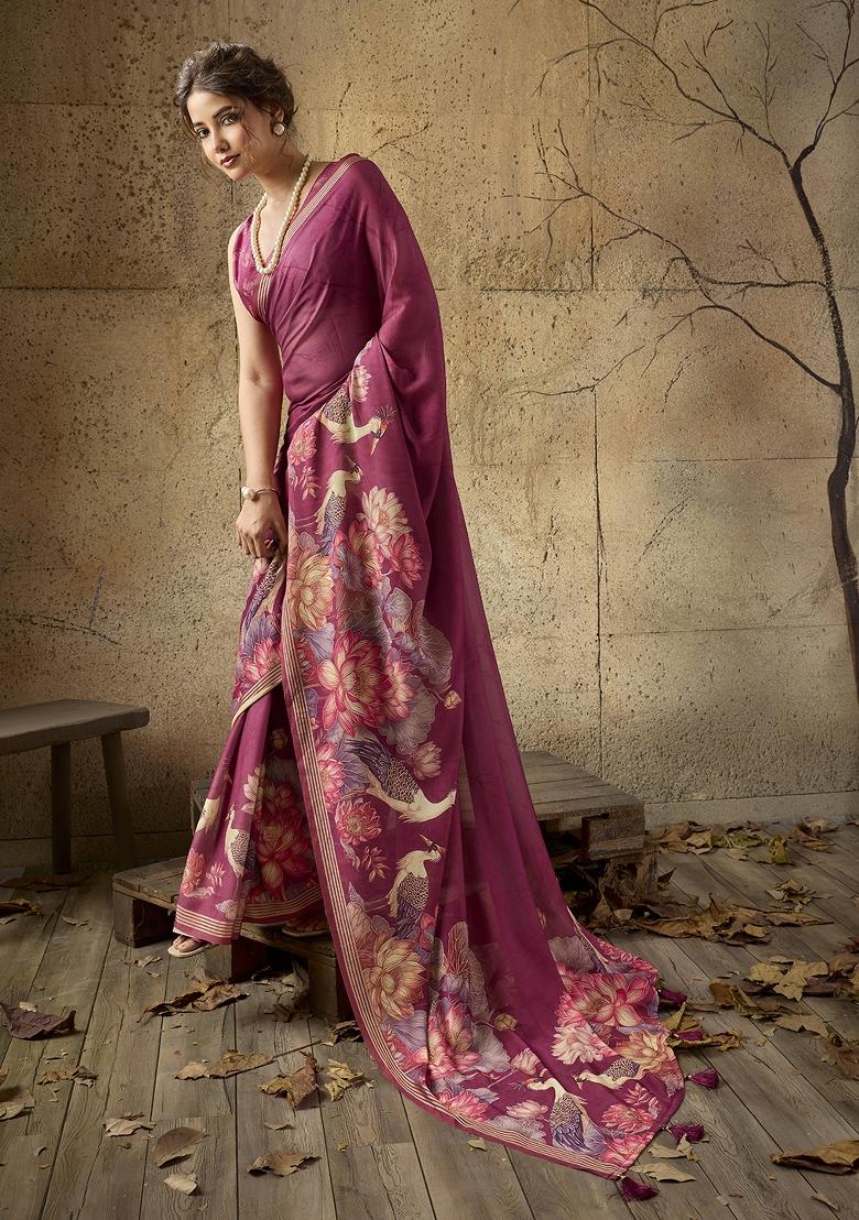 Wine Printed Georgette Saree Set - Indya