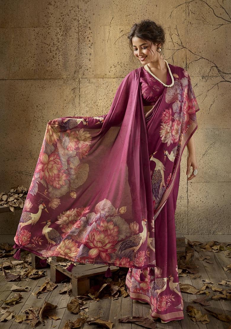 Wine Printed Georgette Saree Set - Indya