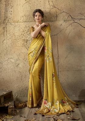 Mustard Printed Georgette Saree Set