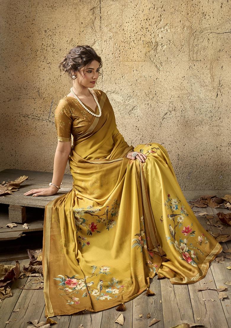 Mustard Printed Georgette Saree Set - Indya