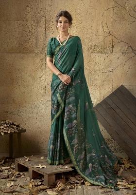 Bottle Green Printed Georgette Saree Set