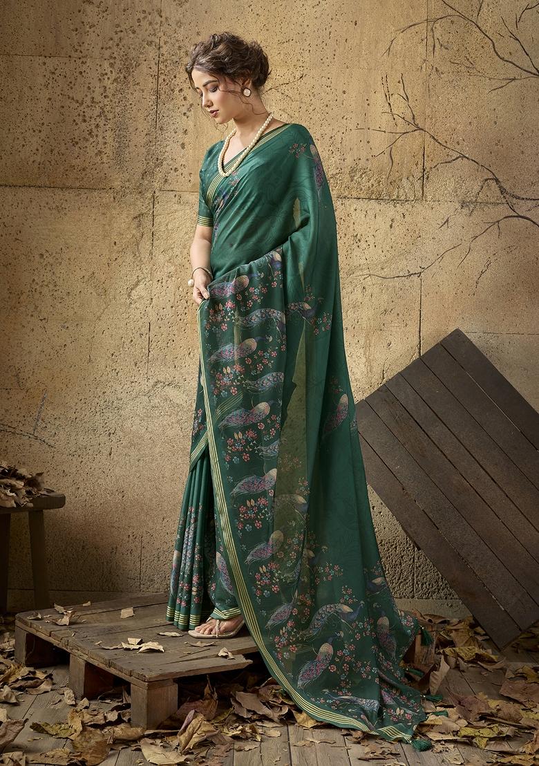 Bottle Green Printed Georgette Saree Set - Indya