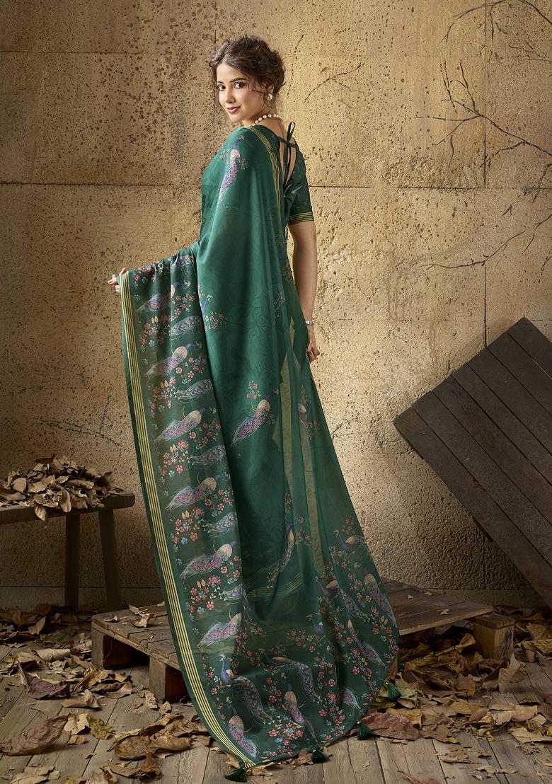 Bottle Green Printed Georgette Saree Set - Indya