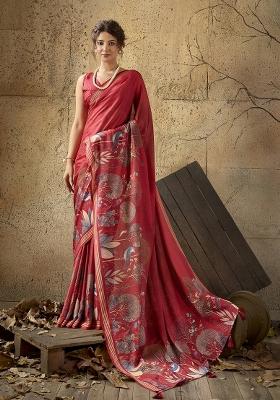 Red Printed Georgette Saree Set