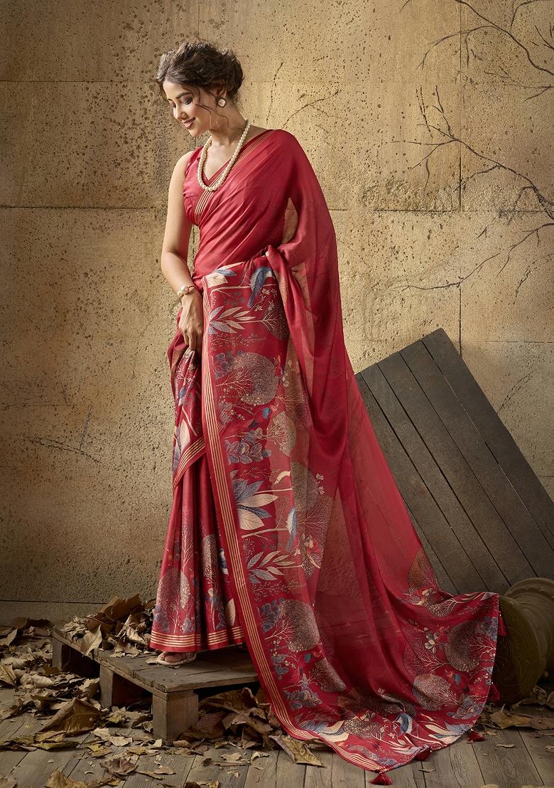 Red Printed Georgette Saree Set - Indya