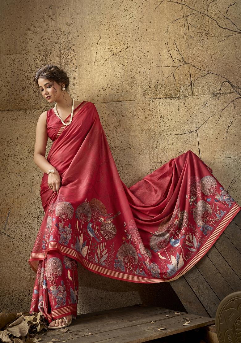 Red Printed Georgette Saree Set - Indya