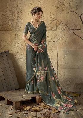 Dark Green Printed Georgette Saree Set