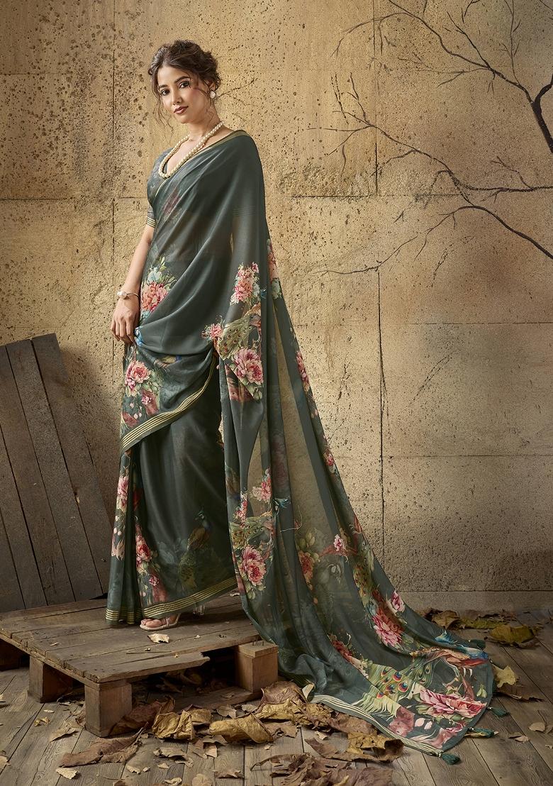 Dark Green Printed Georgette Saree Set - Indya