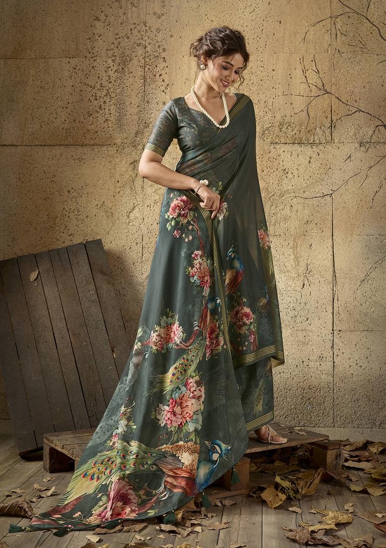 Dark Green Printed Georgette Saree Set - Indya