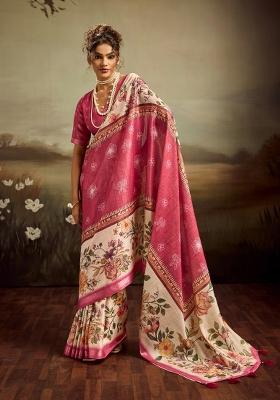 Peach Printed Jacquard Saree Set