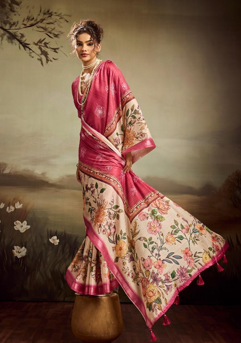 Peach Printed Jacquard Saree Set - Indya