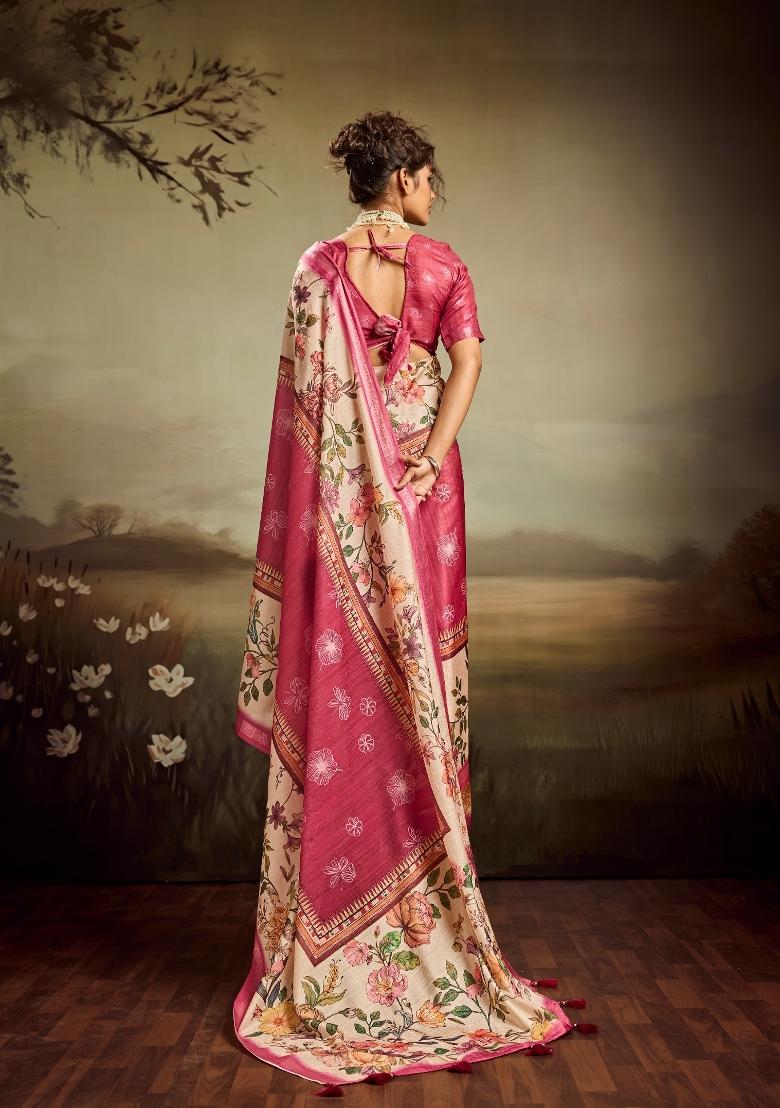Peach Printed Jacquard Saree Set - Indya