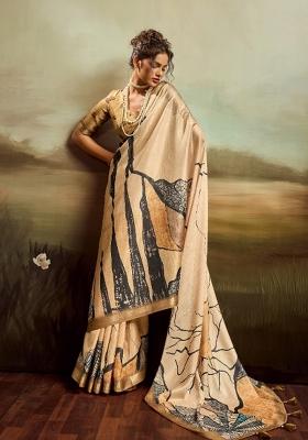 Beige Printed Jacquard Saree Set