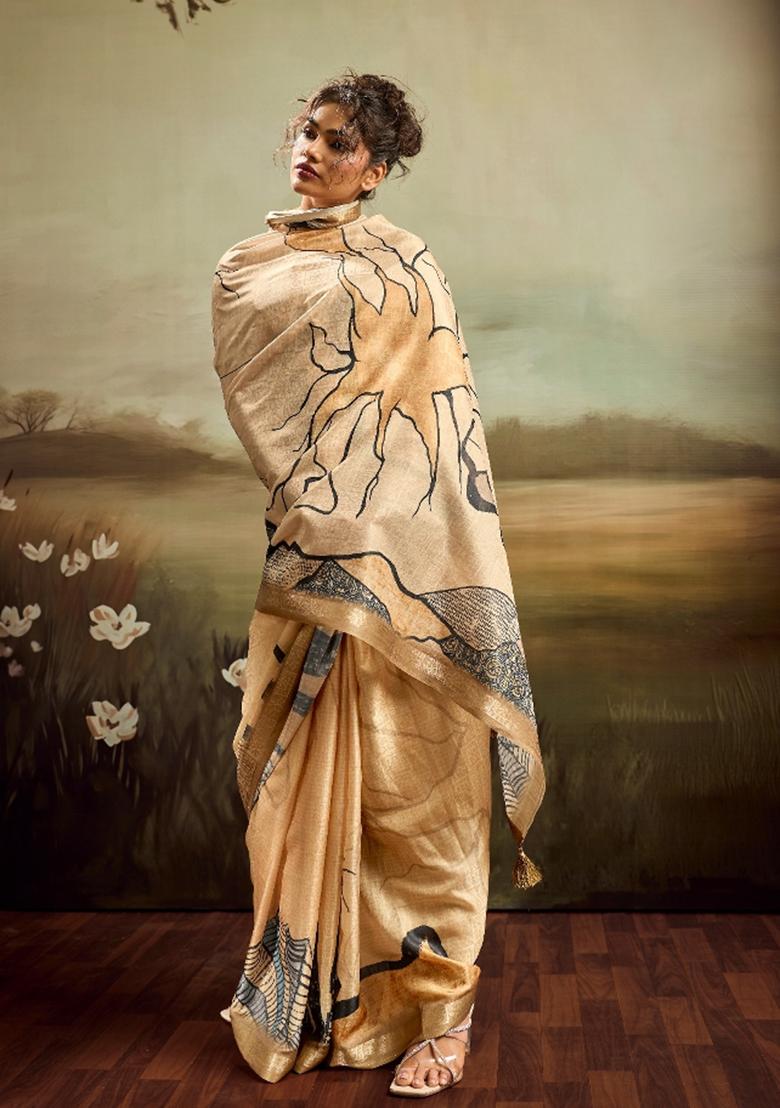 Beige Printed Jacquard Saree Set - Indya
