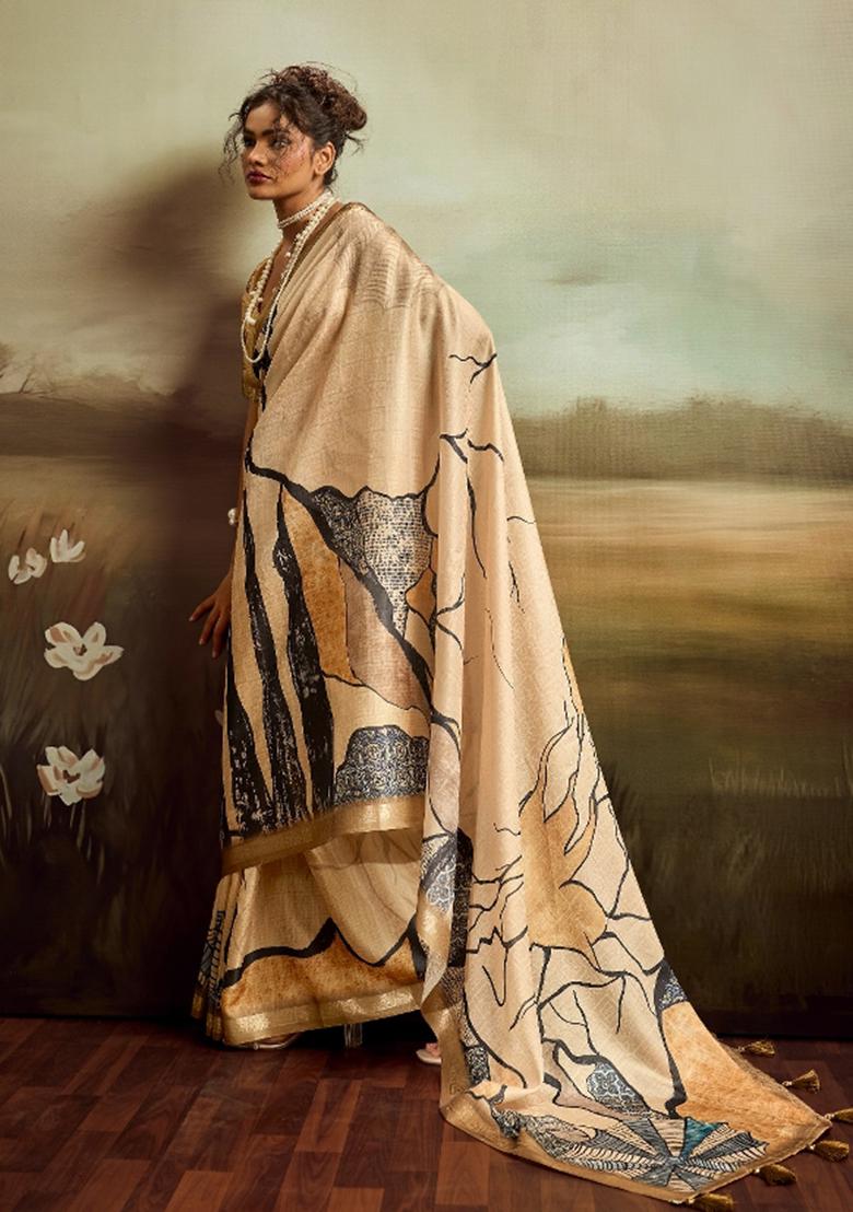 Beige Printed Jacquard Saree Set - Indya