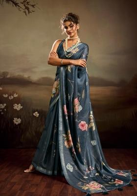Blue Printed Jacquard Saree Set